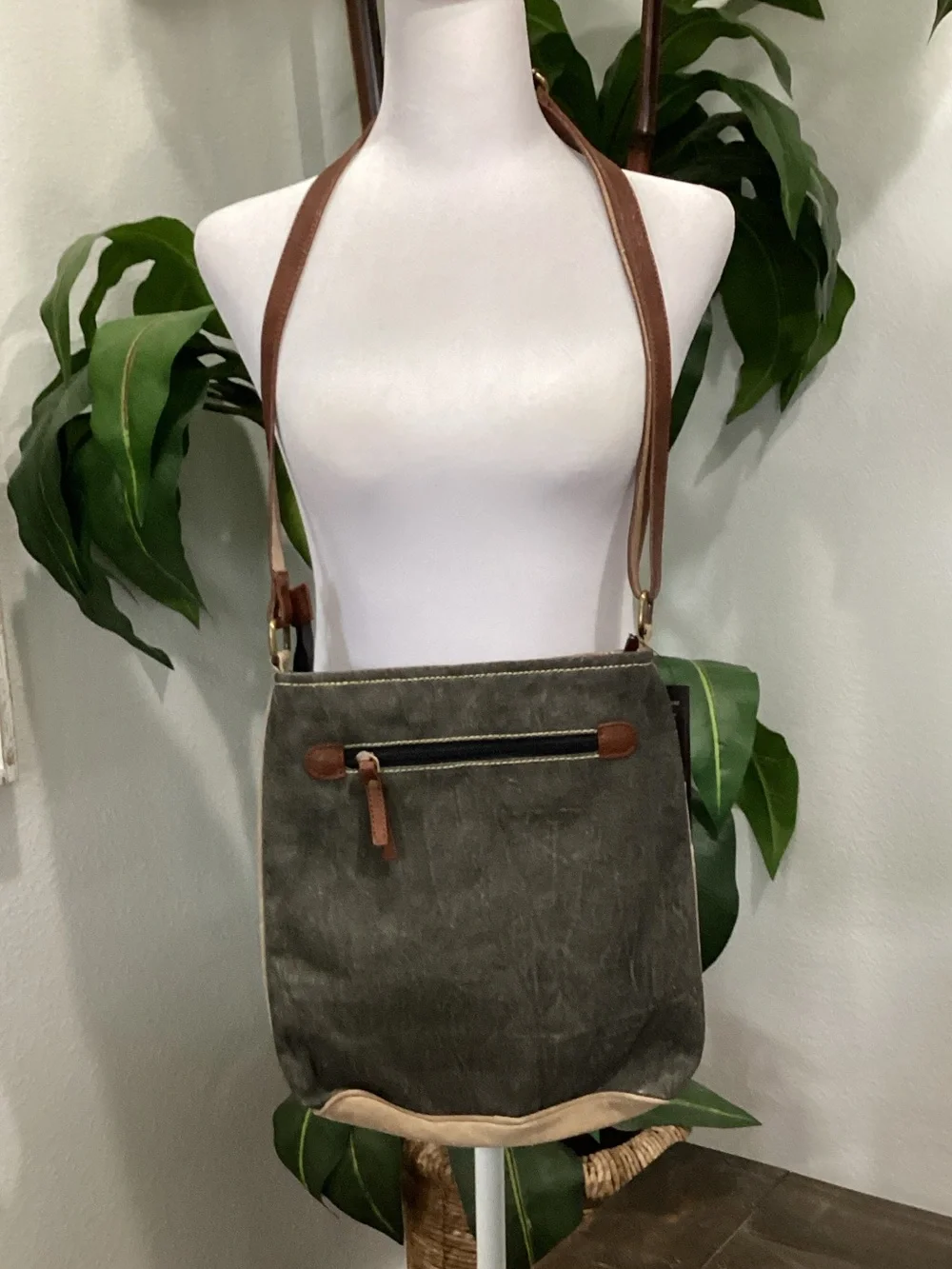 Reclaimed Canvas‎ Crossbody Bag with Brown Leather Trim